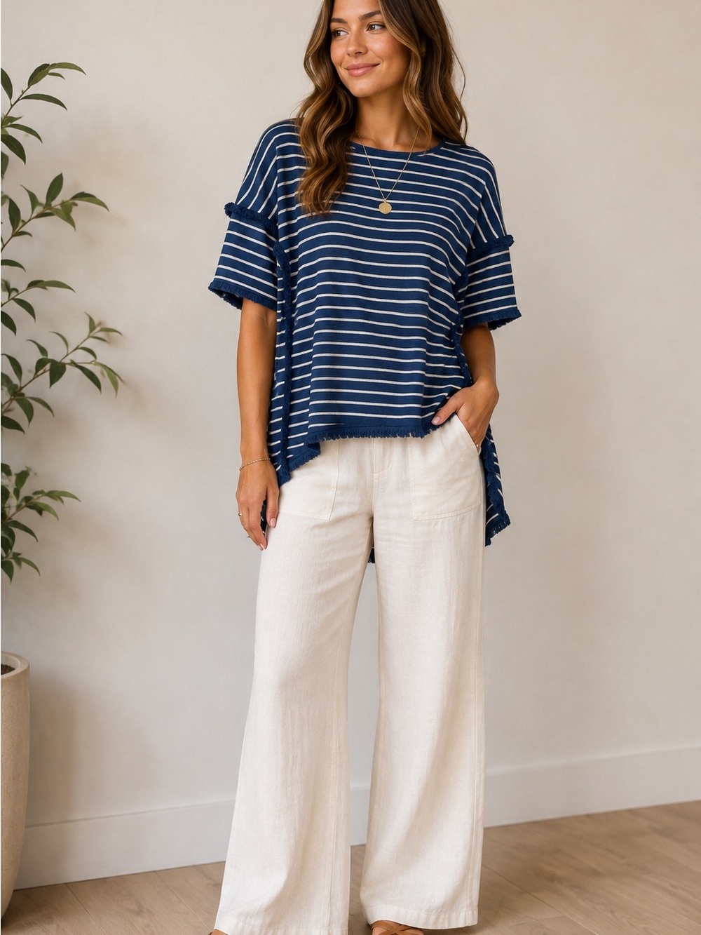 Umgee Women's Blue White Striped Fringed Oversized Tunic Sz M New Coastal Boho